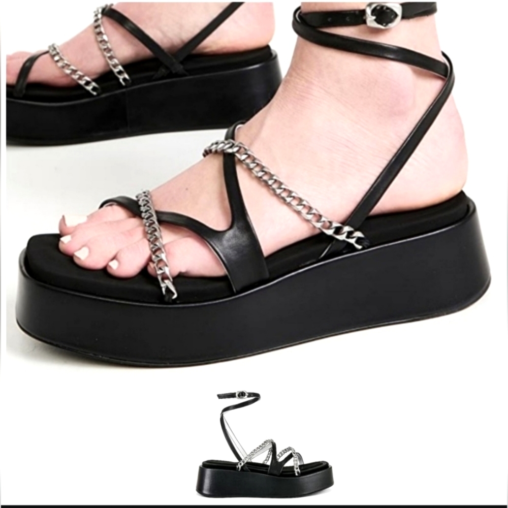 New Rag & Bone Logan Sandals Black Leather & Metal Silver Chain Straps